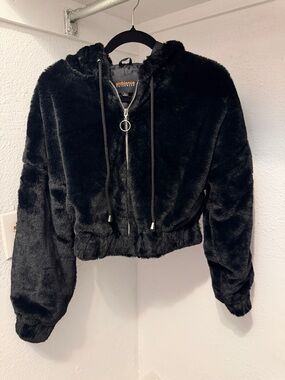 Fashion Nova Ambiance Outerwear Black Faux Fur Black Plush Cropped Hooded Jacket